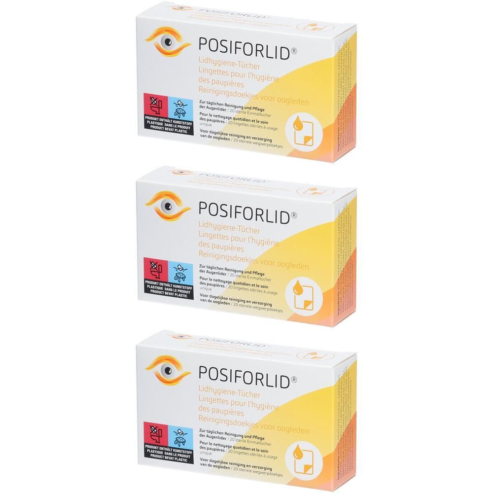 Drie verpakkingen Posiforlid® Lingettes. Witte dozen met gele accenten en productlogo. Tekst in het Duits en Frans.