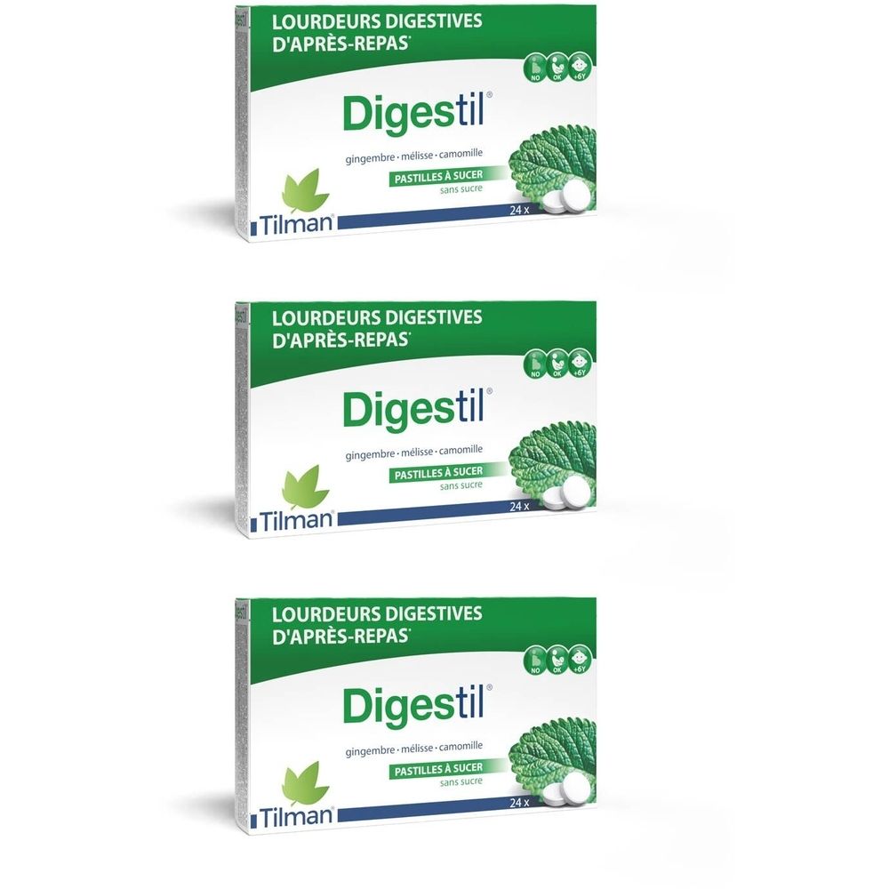 Trois boîtes de Digestil. Emballage vert et blanc. Inscription: Digestil, gingembre, mélisse, camomille. 24 pastilles.