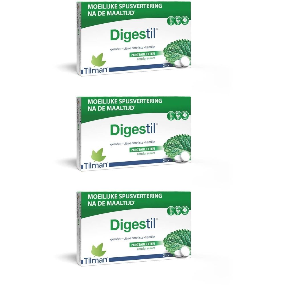 Drie dozen Digestil, groene en witte verpakking. Opschrift: Digestil, gember, citroenmelisse, kamille. 24 zuigtabletten.