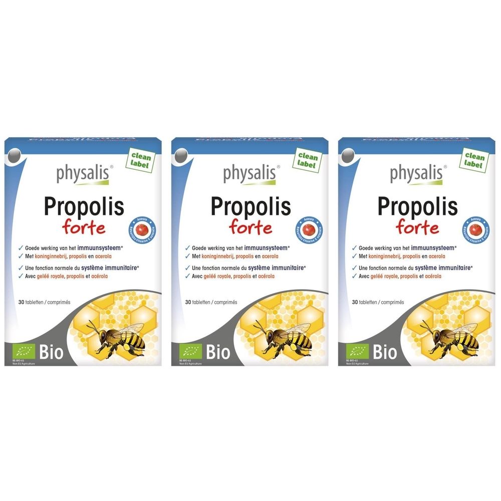 Drie dozen "physalis Propolis forte". Opschrift "Bio". Afbeelding van honingraat en bij. "Clean Label"-logo.