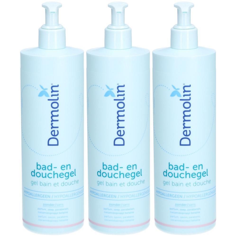 Trois flacons de gel douche Dermolin. Flacons bleu clair avec pompe doseuse. Texte : hypoallergénique.