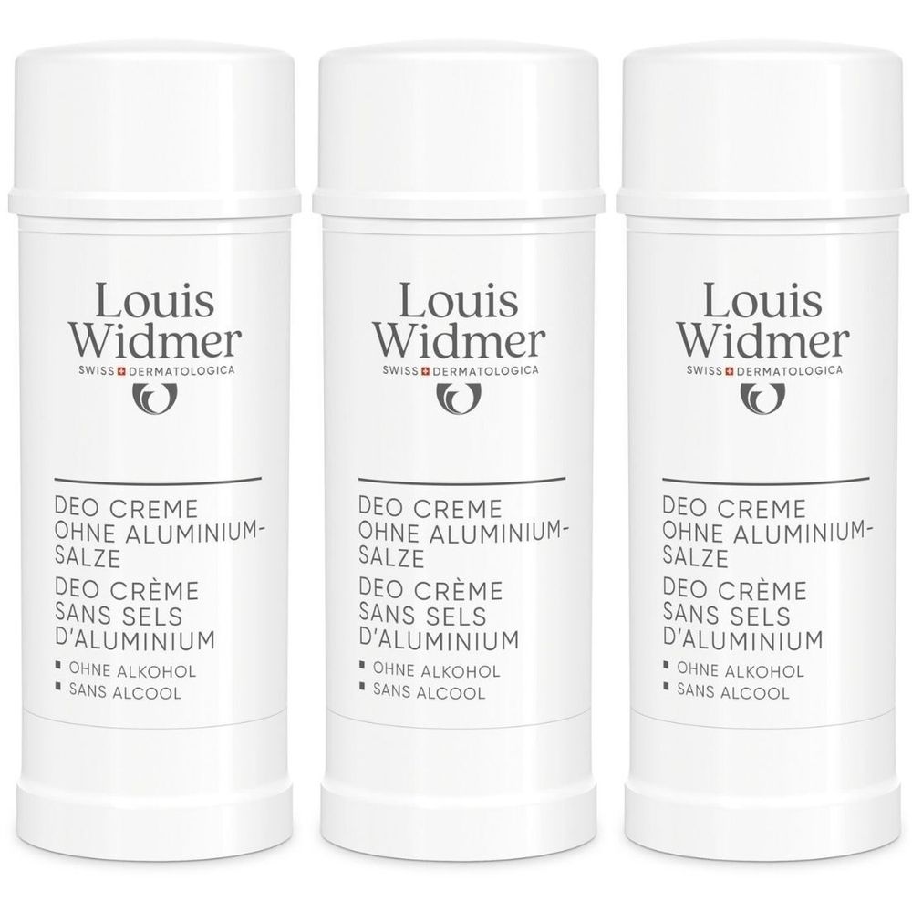 Drie witte deodorant sticks. Opschrift: Louis Widmer, Deo Crème zonder aluminiumzouten, sans alcool.