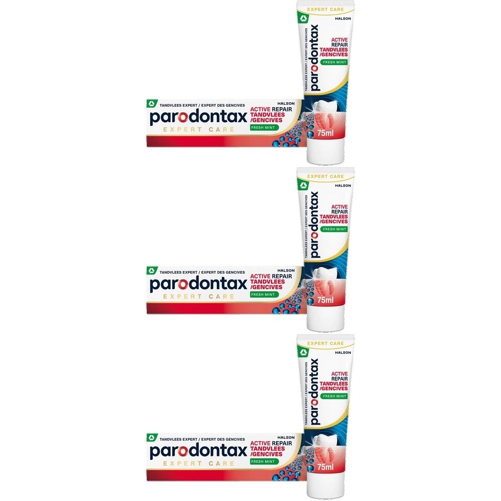 Drie tubes en drie dozen Parodontax Active Repair tandpasta. Opschrift: Active Repair, tandvlees, 75ml.
