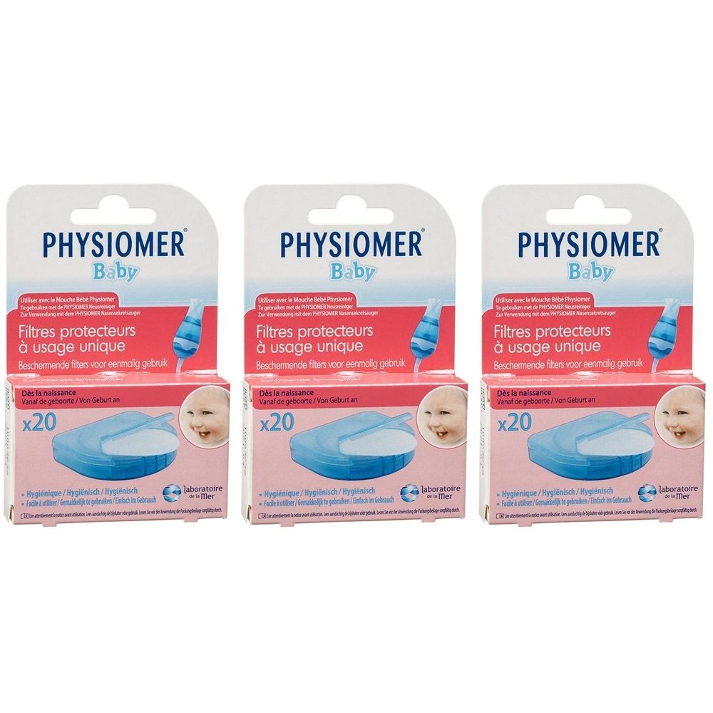 Drie verpakkingen Physiomer Baby Filtres. Elke verpakking toont het product, het merk en de tekst "x20".