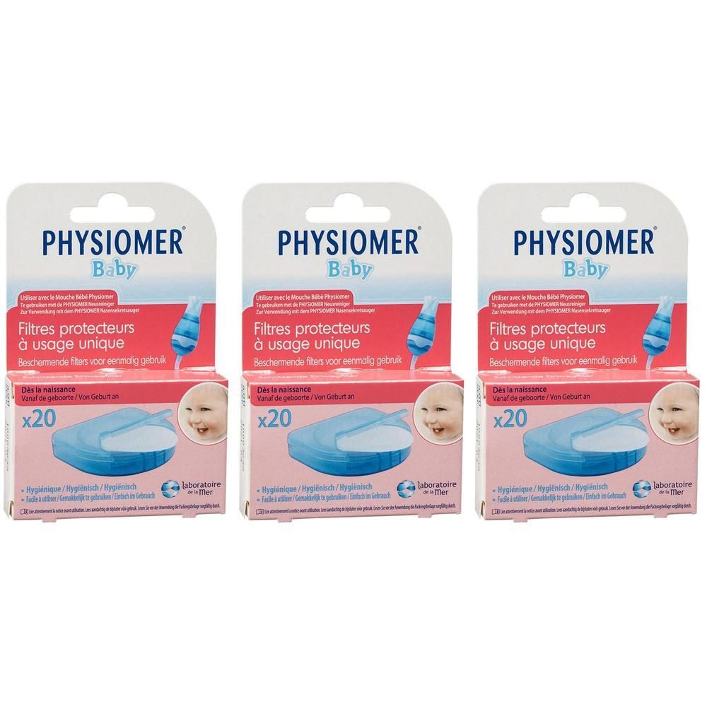 Drie verpakkingen Physiomer Baby Filtres protecteurs. Roze en witte verpakking met productnaam en baby-illustratie. Bevat elk 20 filters.