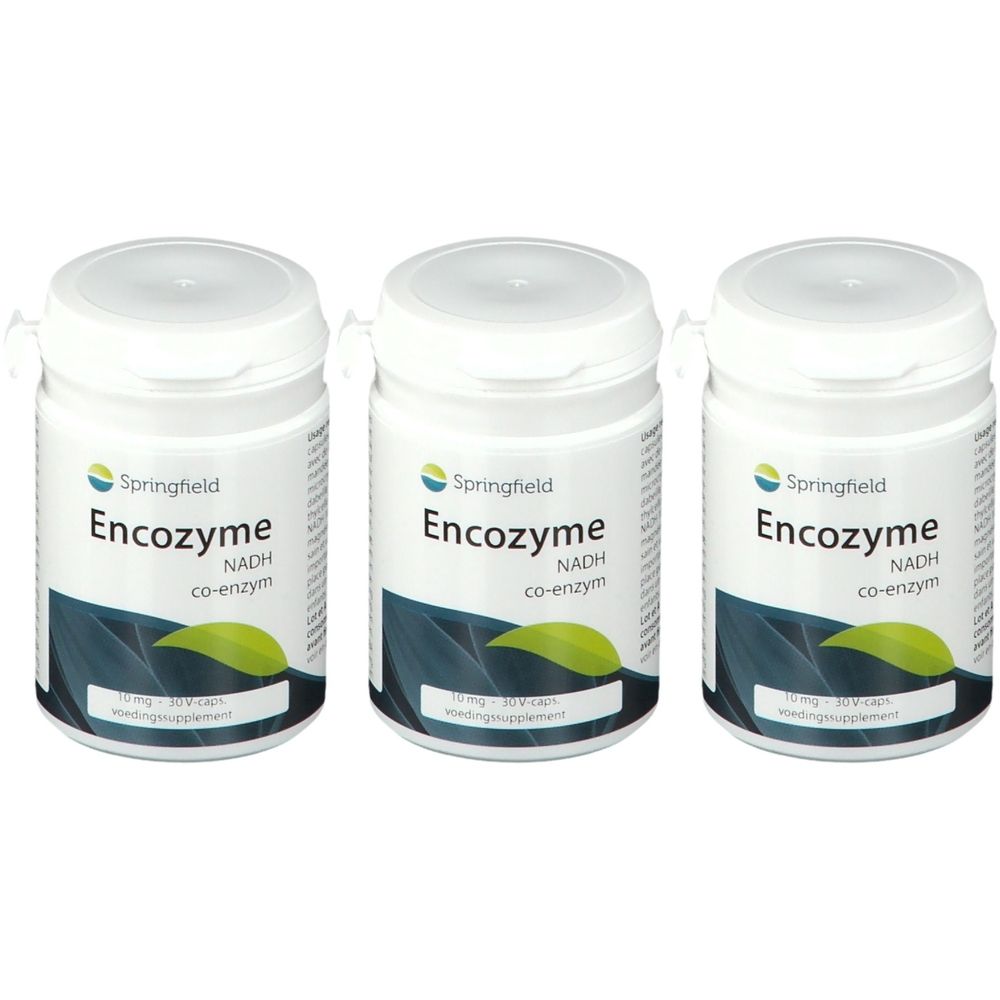 Drie witte flessen met de tekst "Encozyme NADH co-enzym". Elke fles heeft een groen blad afgebeeld.