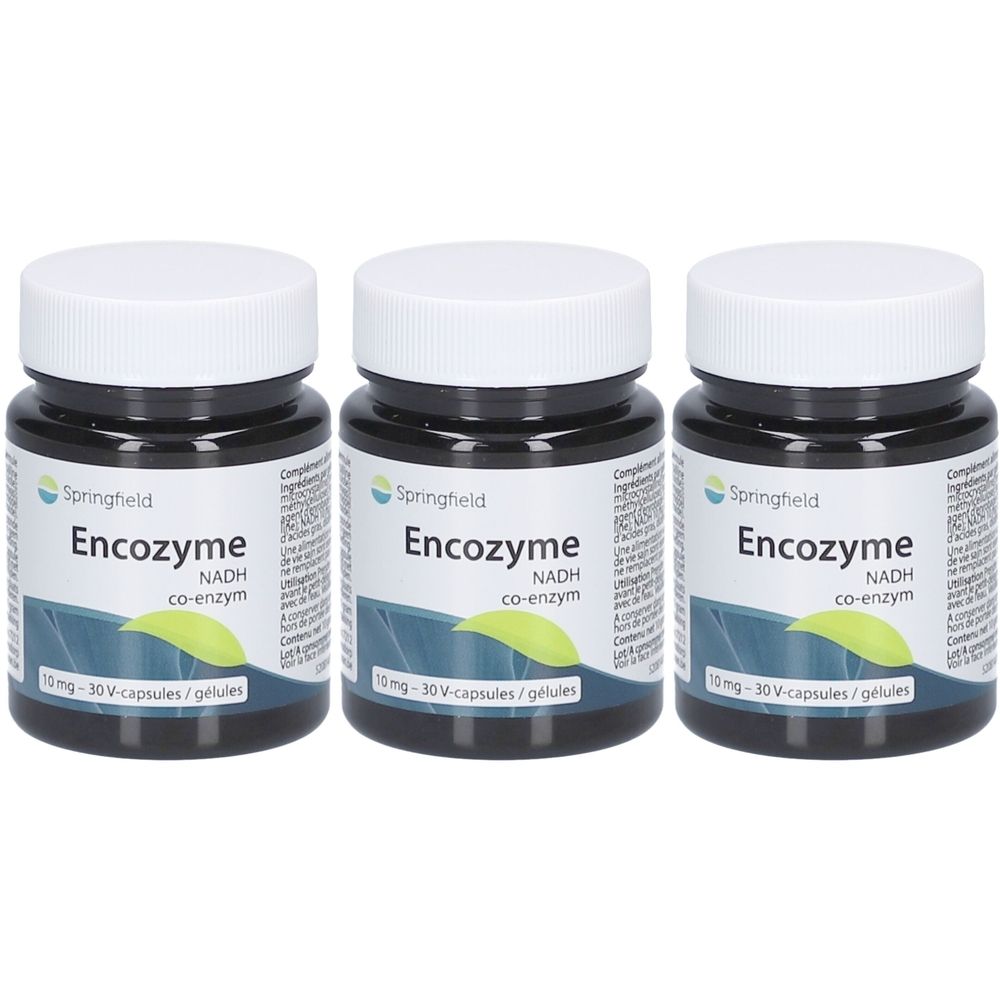Trois flacons Encozyme NADH 10mg. Récipients noirs, couvercles blancs, étiquettes. Feuilles vertes et texte.