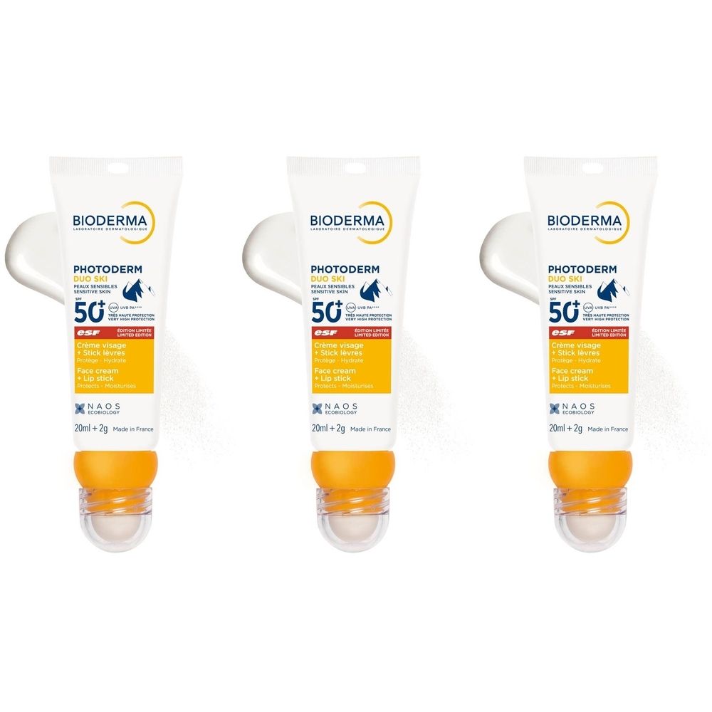 Trois tubes de Bioderma Photoderm Duo Ski SPF50+. Tubes blancs avec accents jaunes et rouges. Applicateur roll-on.