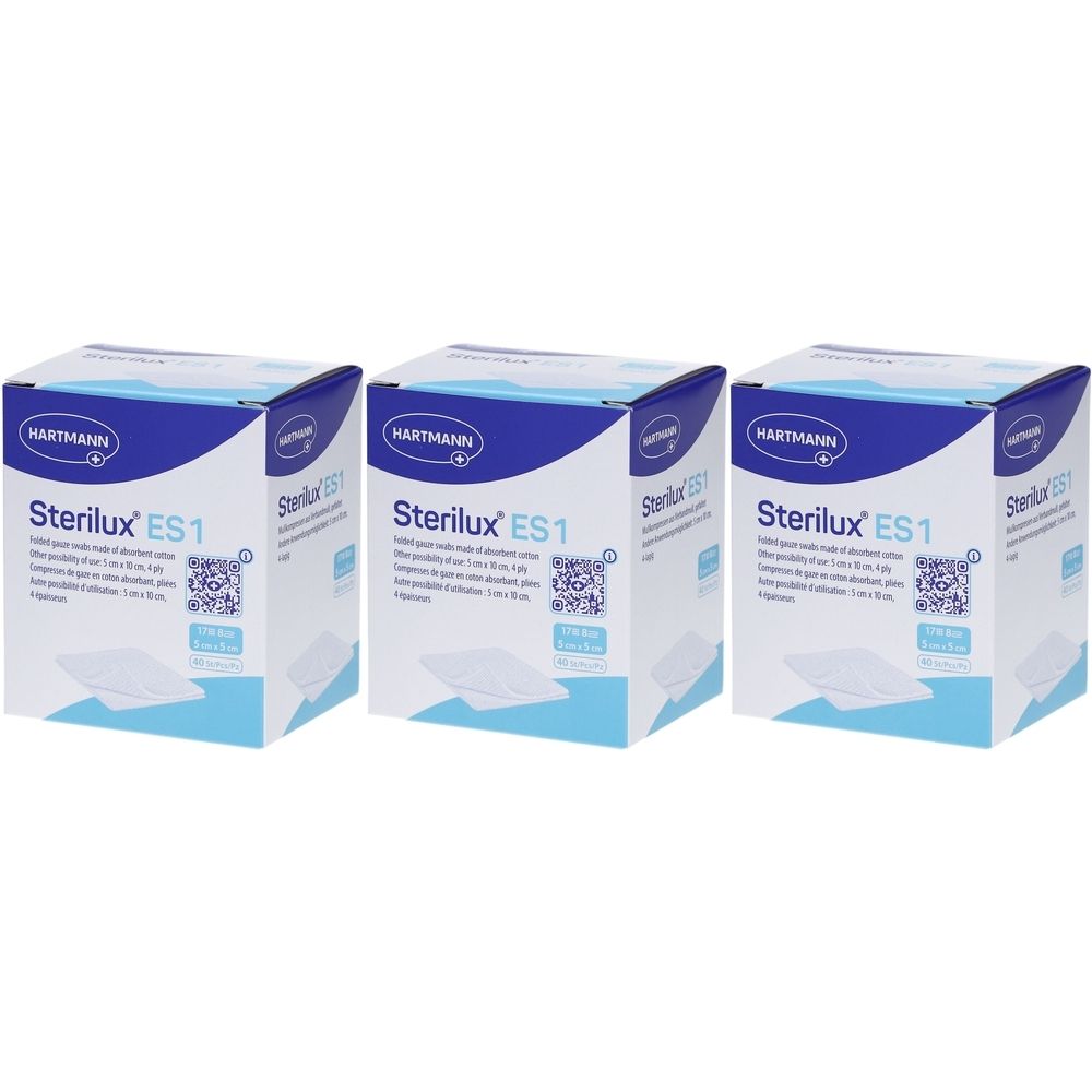 Trois boîtes de Sterilux ES1 Hartmann. Emballage bleu et blanc avec informations produit et code QR. Visible : 5cm x 5cm.