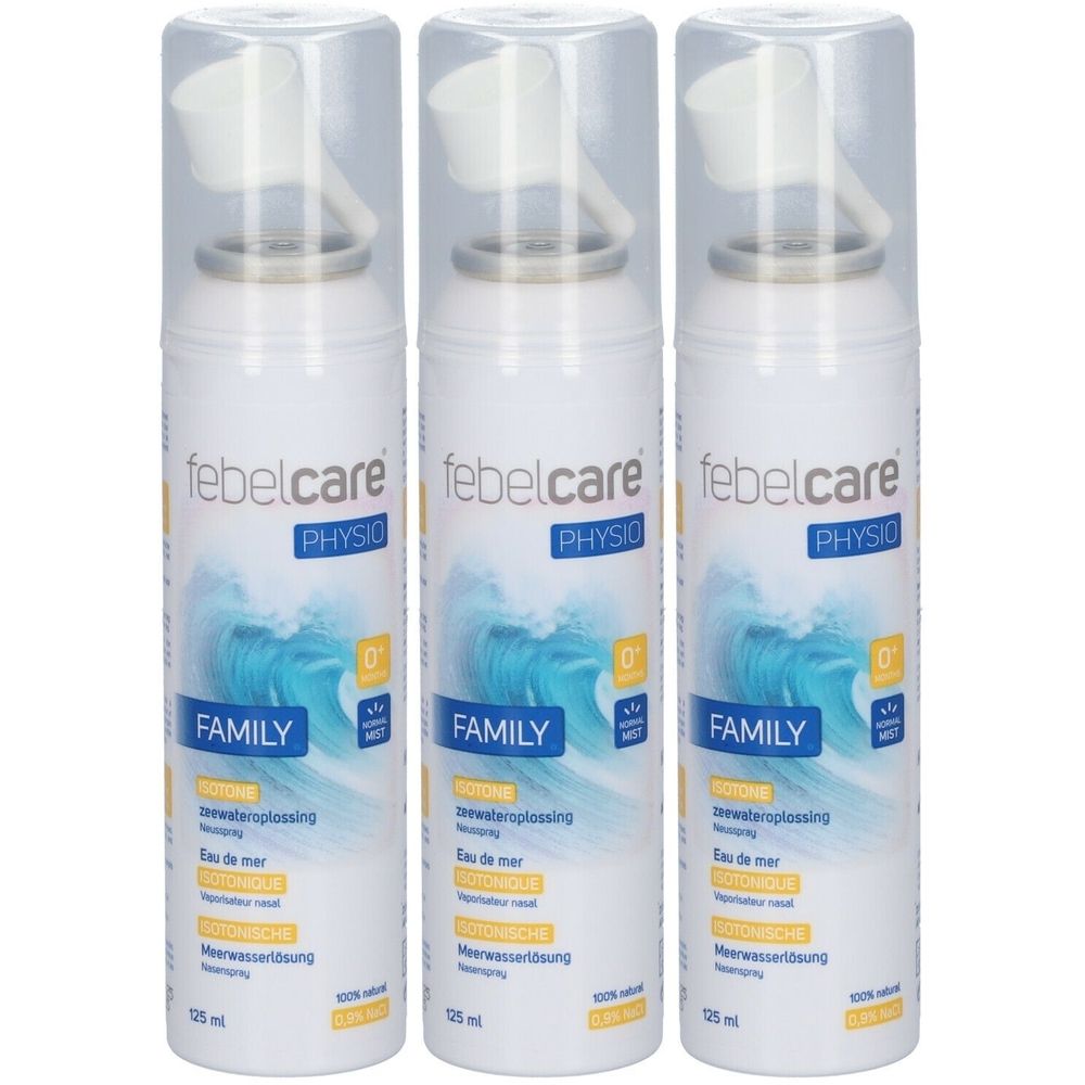 Trois flacons spray blancs avec bouchons transparents. Inscription : febelcare PHYSIO FAMILY, spray d'eau de mer.