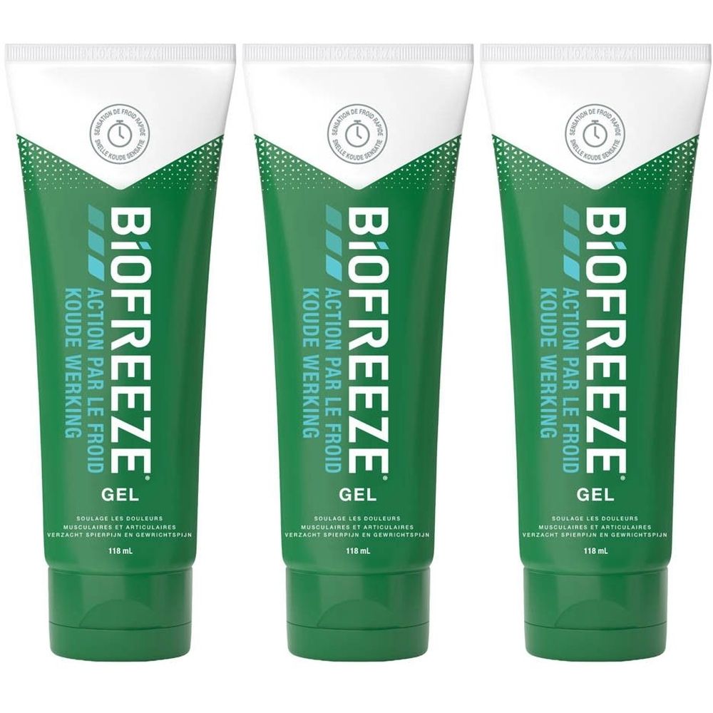 Drie groene tubes met witte doppen. Elke tube toont BIOFREEZE, ACTION PAR LE FROID, KOUDE WERKING en GEL.