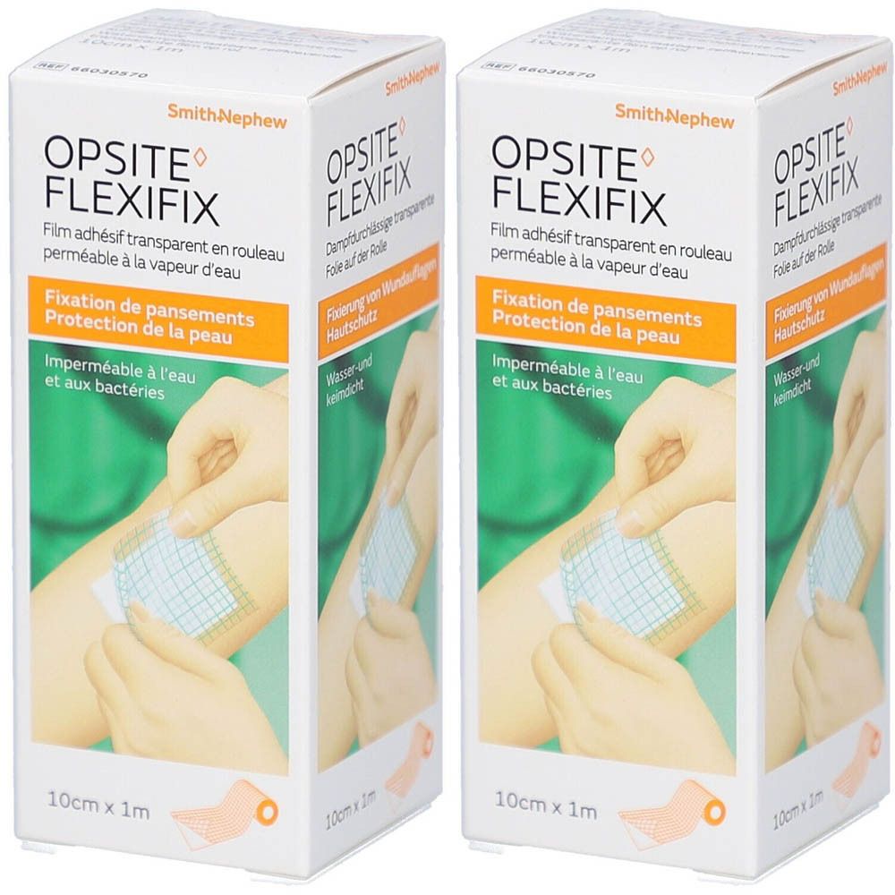 Twee dozen Opsite Flexifix. Opschrift: transparante film, ademend, fixatie van verbanden, bescherming van de huid, water- en bacteriedicht.