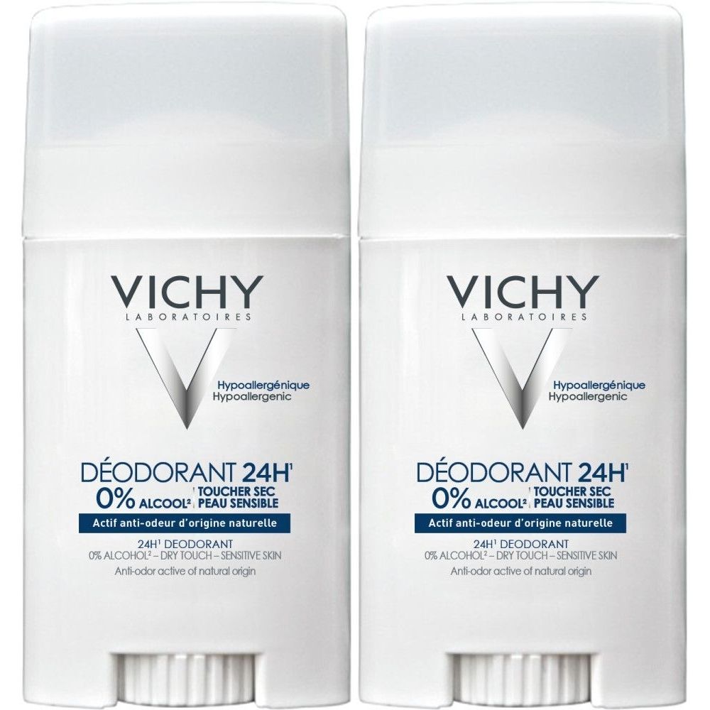 Deux sticks déodorants blancs. Inscription: VICHY, DÉODORANT 24H, 0% ALCOOL, Peau sensible. Hypoallergénique.