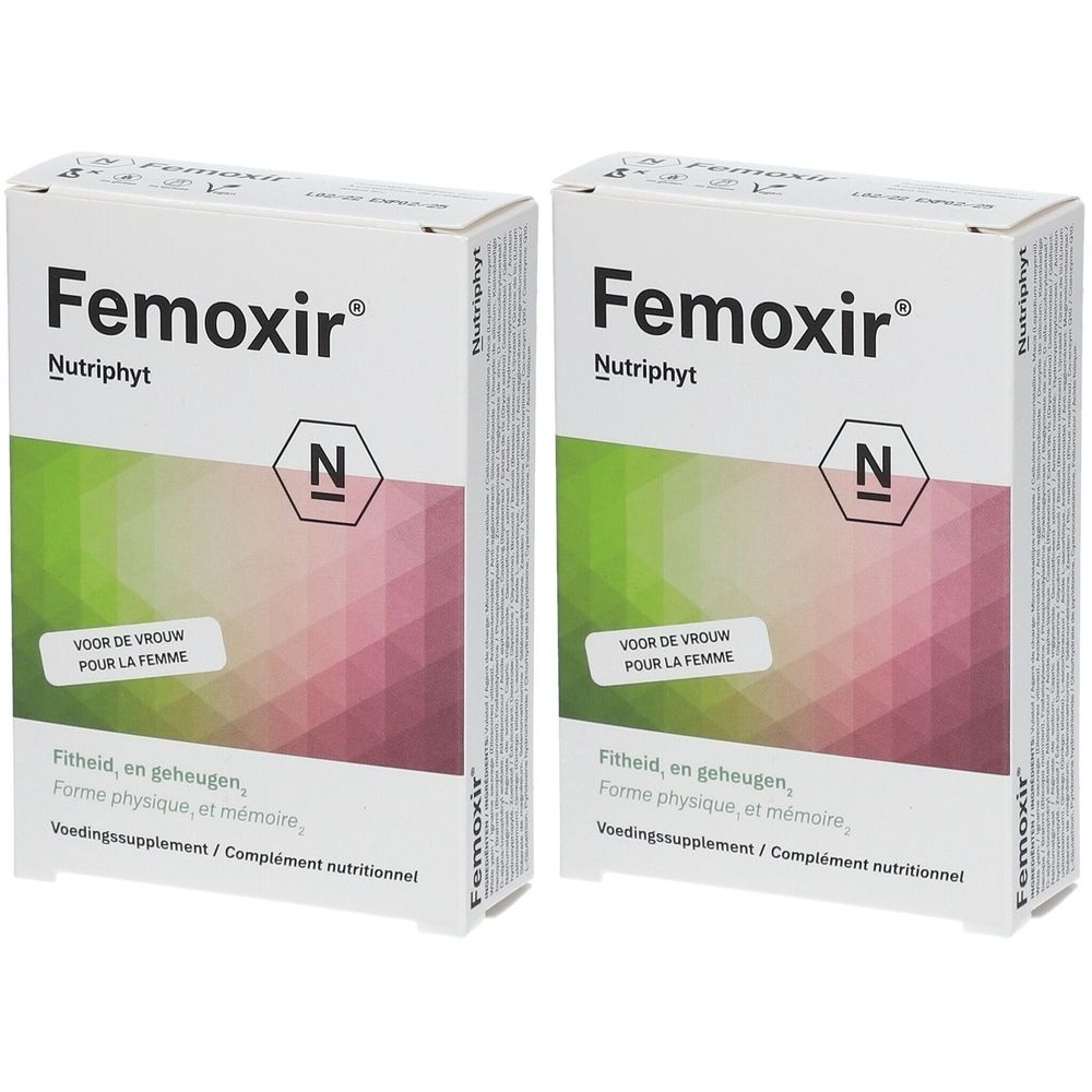 Twee rechthoekige dozen met de tekst "Femoxir Nutriphyt". Opschrift: "VOOR DE VROUW POUR LA FEMME".