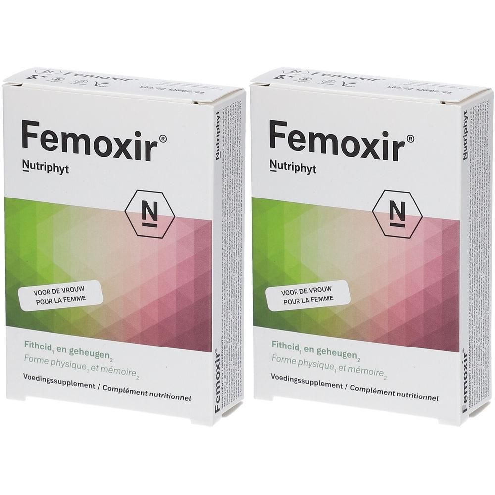 Twee dozen Femoxir® Nutriphyt. Witte verpakking met groen-roze verloop. Tekst: « Voor de vrouw pour la femme ».
