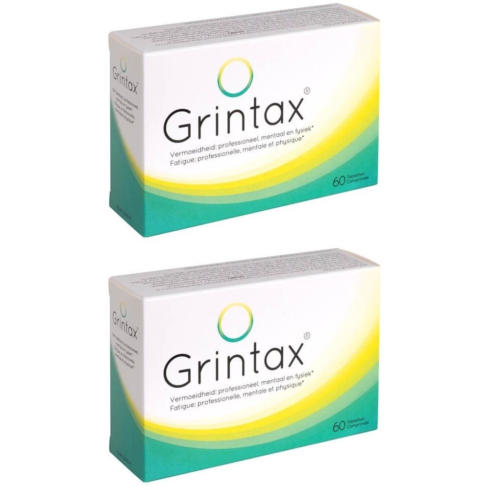 Deux boîtes de Grintax. Emballage blanc avec design vert et jaune. Texte: Vermoeidheid, Fatigue. Contient 60 comprimés.
