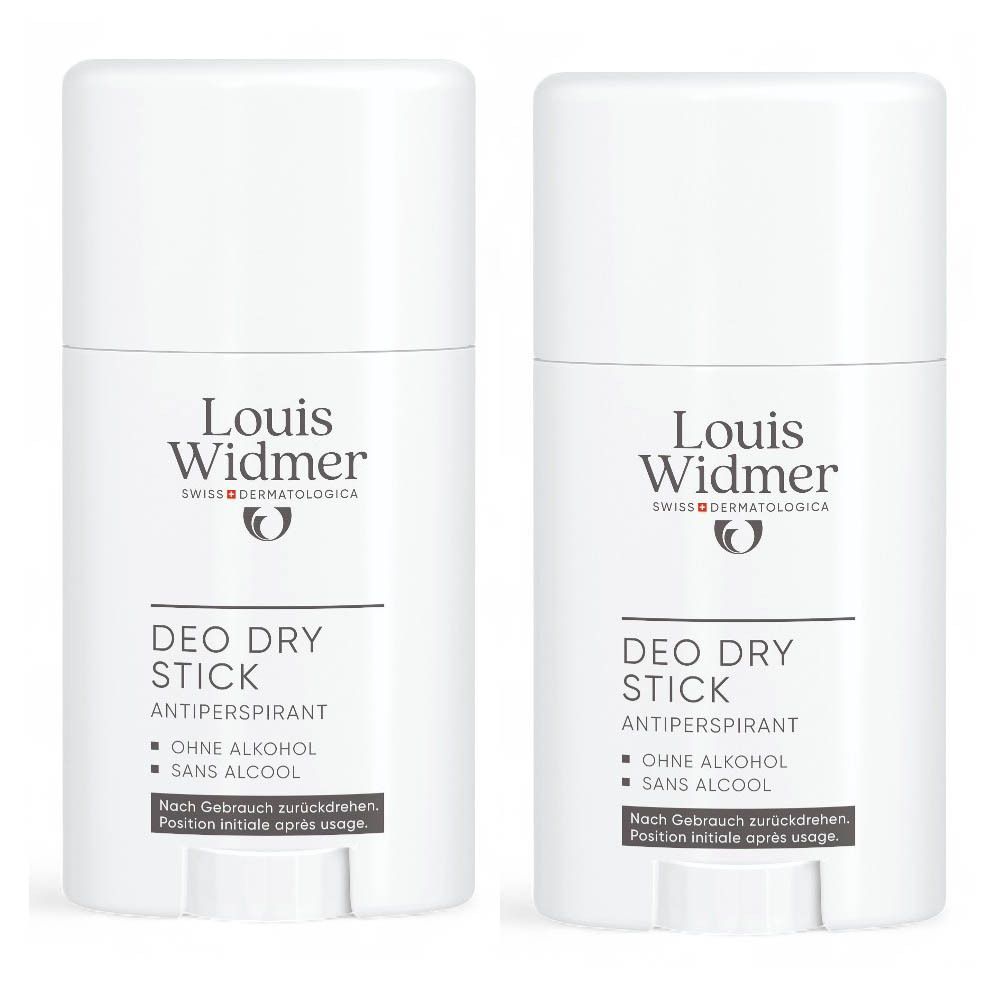 Twee witte deodorant sticks. Opschrift: Louis Widmer, Deo Dry Stick, Antiperspirant, zonder alcohol. Tekst: Position initiale après usage.