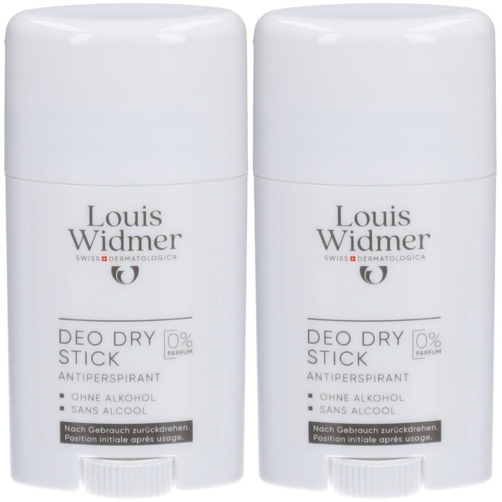 Twee witte Deo Dry Sticks van Louis Widmer. Tekst: Antiperspirant, zonder alcohol, sans alcool. 0% Parfum.