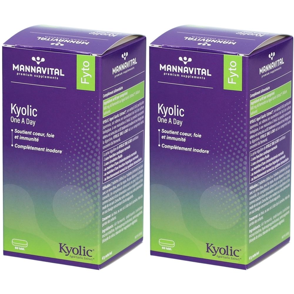 Deux boîtes de Kyolic One A Day. Emballage violet et vert avec nom et logo du produit. Contient du texte en français.
