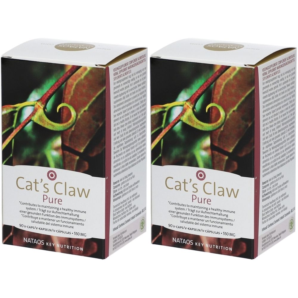Twee dozen met "Cat's Claw Pure". Illustratie van bladeren en ranken. Tekst: "Draagt bij aan het behoud van een gezond immuunsysteem".