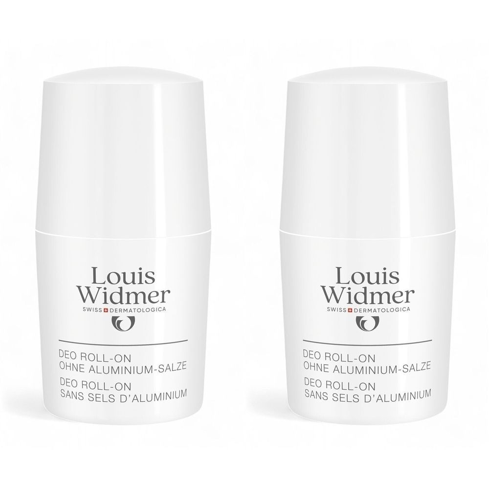 Deux déodorants roll-on blancs. Inscription: Louis Widmer, DEO ROLL-ON SANS SELS D'ALUMINIUM.