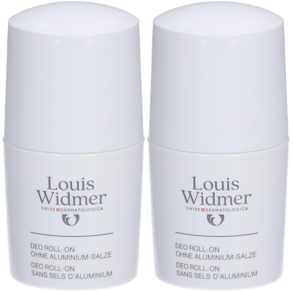 Twee witte roll-on deodorants. Opschrift: Louis Widmer, Deo Roll-On zonder aluminiumzouten.