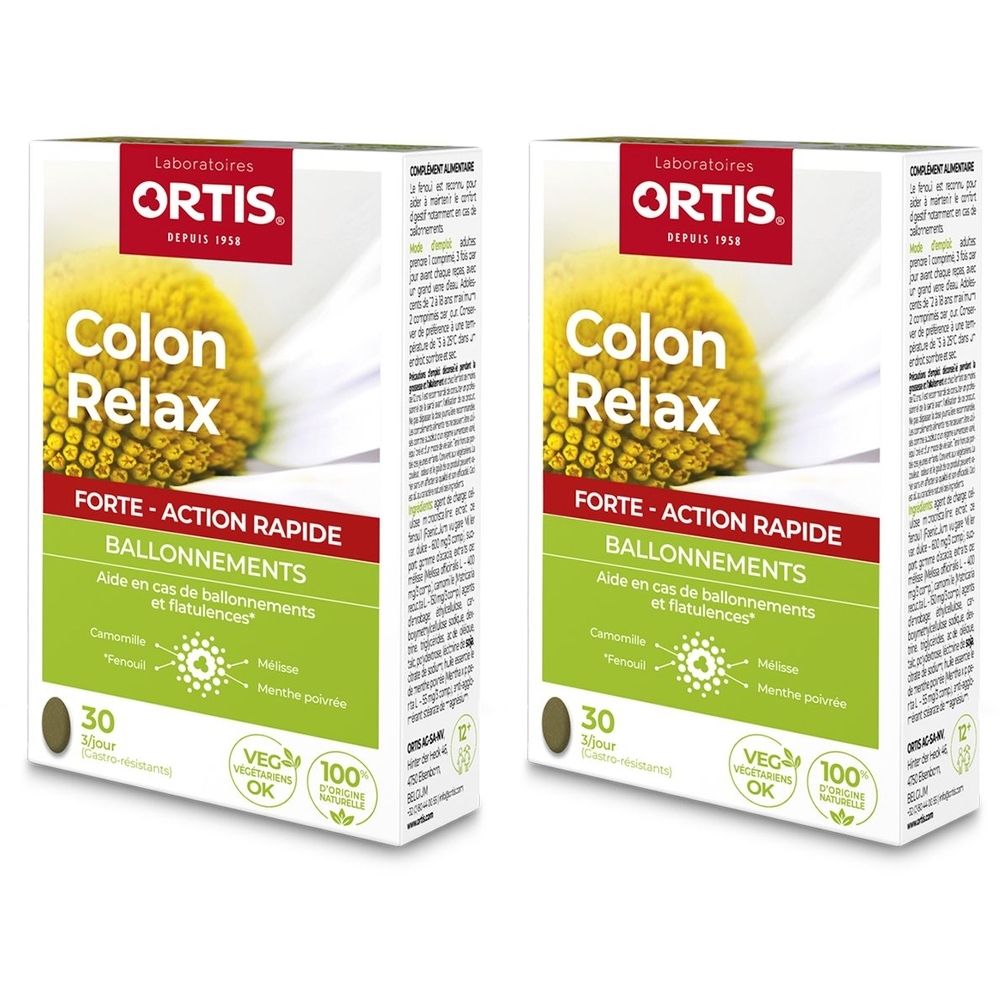 Twee dozen Colon Relax Forte. Opschrift: Ortis, Colon Relax Forte, 30 capsules. Groen-wit design.
