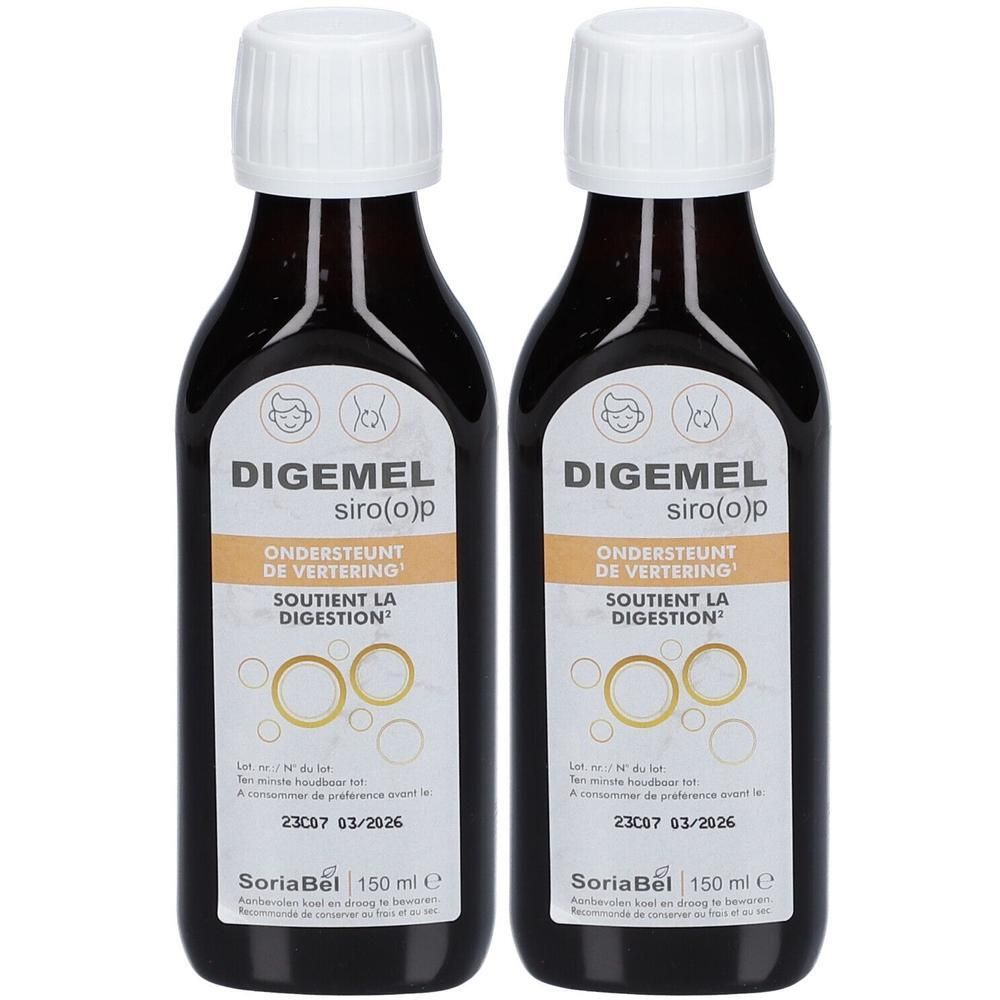 Twee flessen Digemel Sirop. Bruine glazen flessen met witte dop. Etiket met productnaam en tekst. 150 ml.