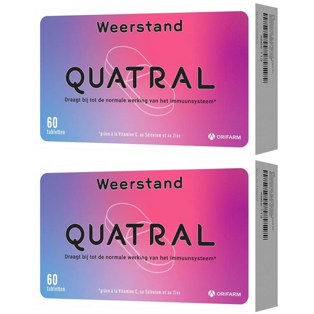 Twee dozen Quatral tabletten. Opschrift 'Weerstand' en '60 tabletten'. Paars-roze kleurovergang.