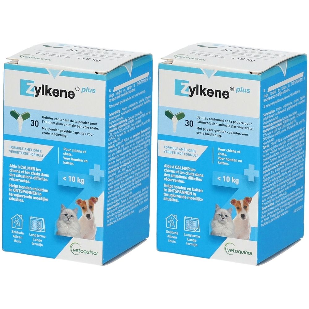 Deux boîtes bleues Zylkene plus. Capsules, chien et chat illustrés. Texte : < 10 kg. Marque Vetoquinol.