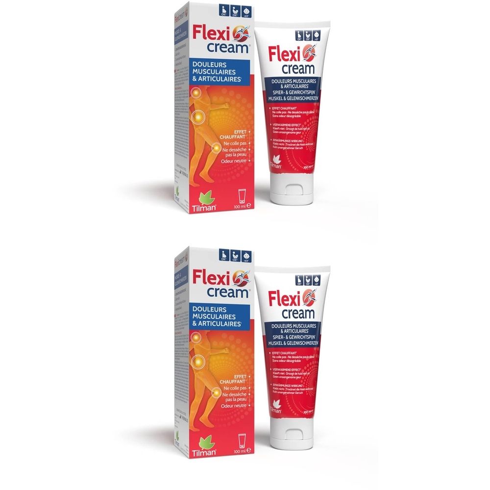 Tube et boîte FlexiCream®. Tube rouge et blanc avec boîte rouge. Texte: FlexiCream®, douleurs musculaires et articulaires.