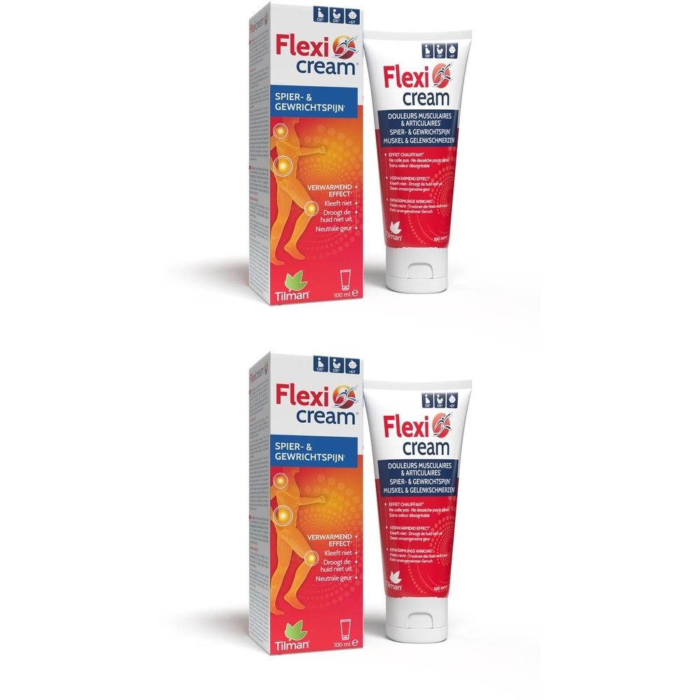 FlexiCream® tube en doos. Rode en witte tube met rode doos. Tekst: FlexiCream®, spier- & gewrichtspijn.