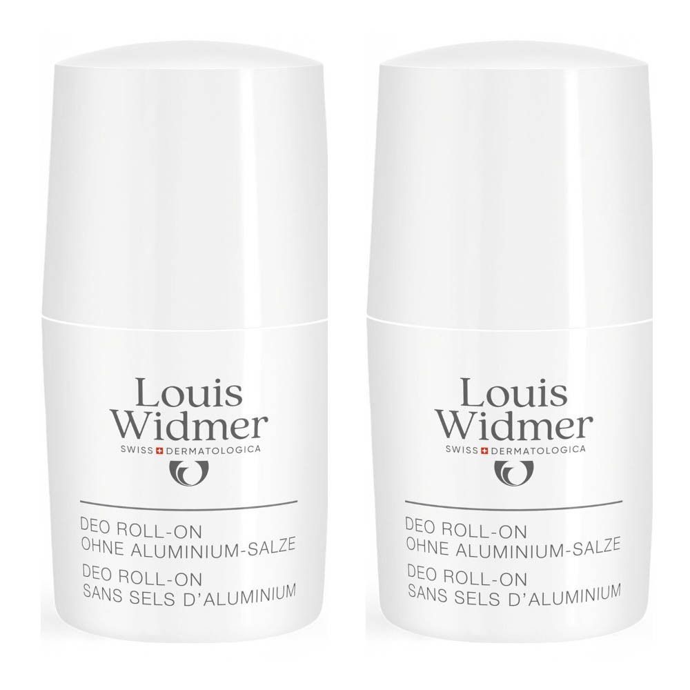 Twee witte roll-on deodorants. Opschrift: Louis Widmer, DEO ROLL-ON zonder aluminiumzouten. Zwitserse dermatologie.