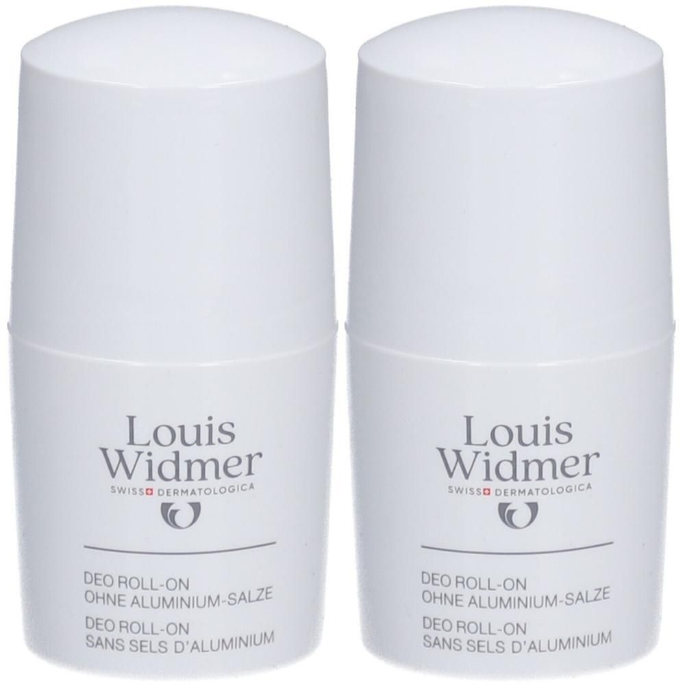 Twee witte roll-on deodorants. Opschrift: Louis Widmer, Deo Roll-On zonder aluminiumzouten. Zwitsers dermatologisch merk.