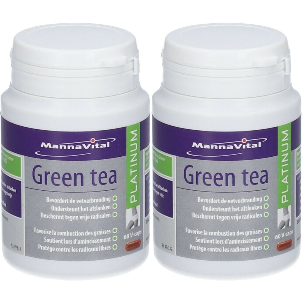 Twee witte flessen met paarse en groene etiketten. Opschrift: MannaVital Green Tea Platinum. 60 V-caps.