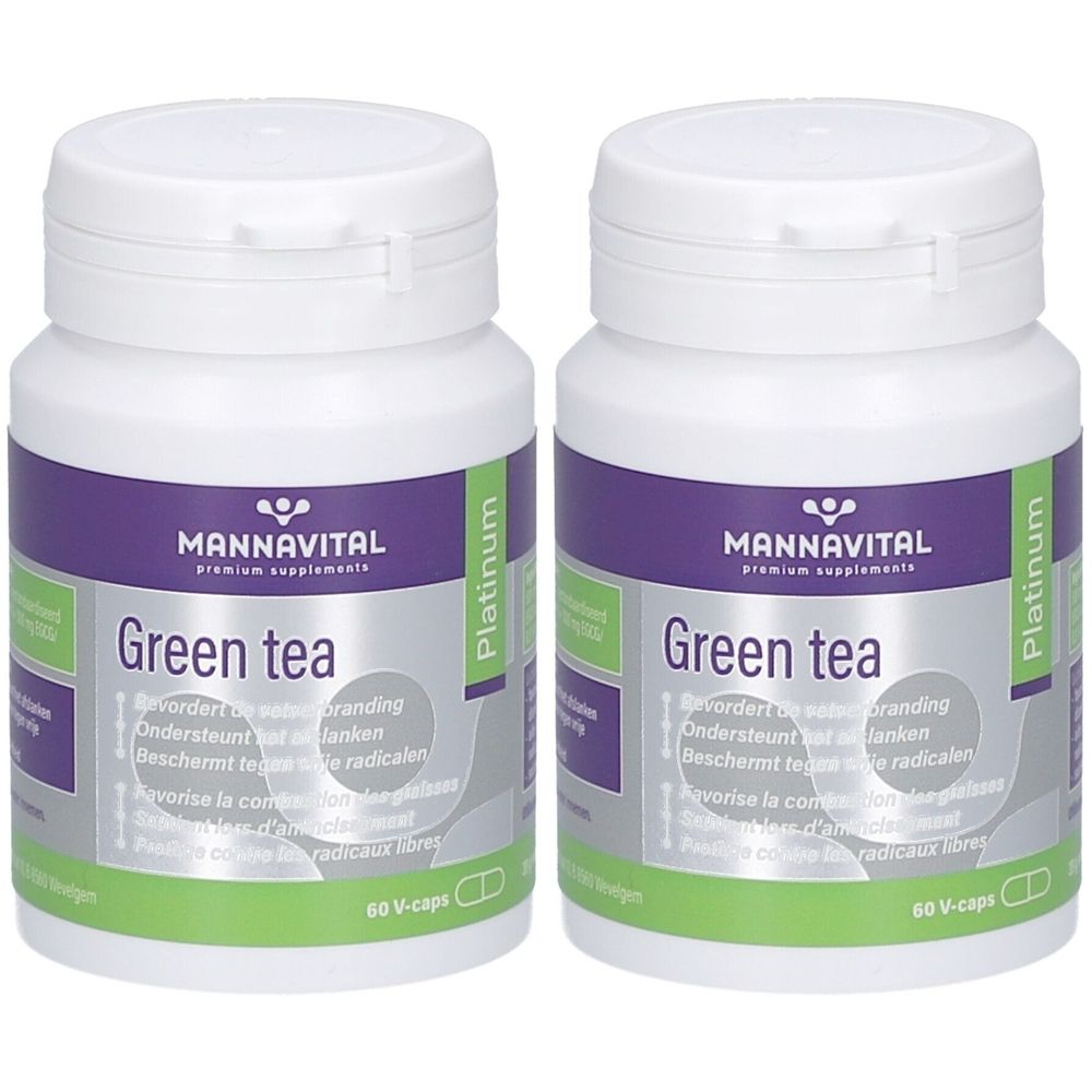 Deux flacons blancs avec étiquettes violettes et vertes. Inscription: Mannavital Green Tea Platinum. 60 V-caps.