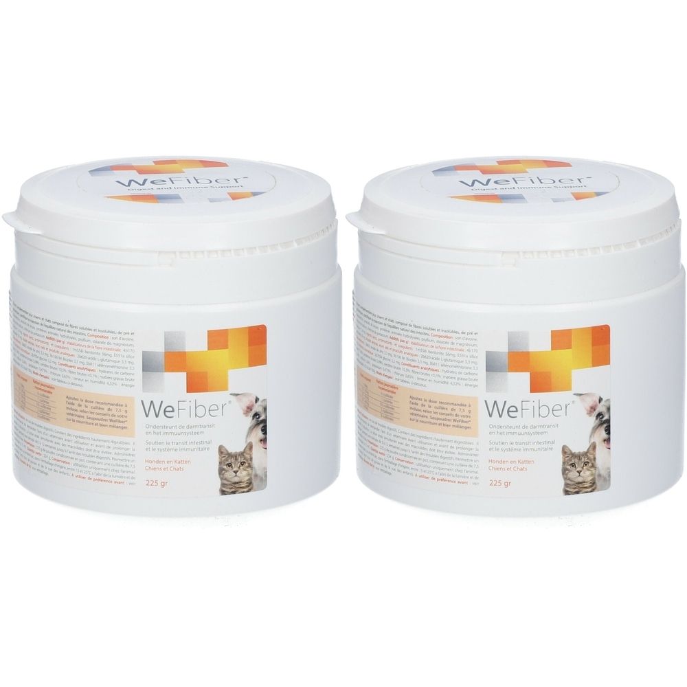 Twee witte potten met deksels. Op de voorkant staat "WeFiber" met een logo en een kattenafbeelding. Tekst in meerdere talen.