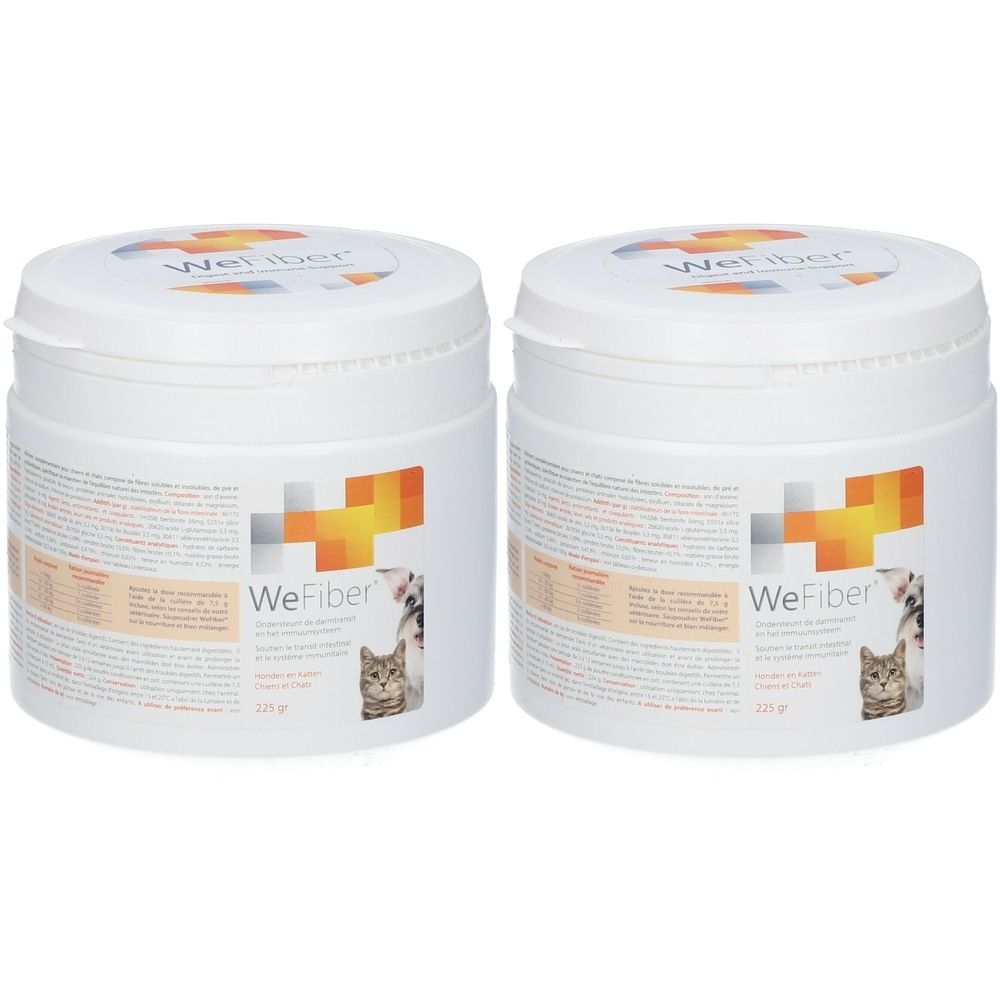 Twee witte potten met deksels. Opschrift WeFiber en logo. Tekst op de zijkant. Kattenafbeelding.