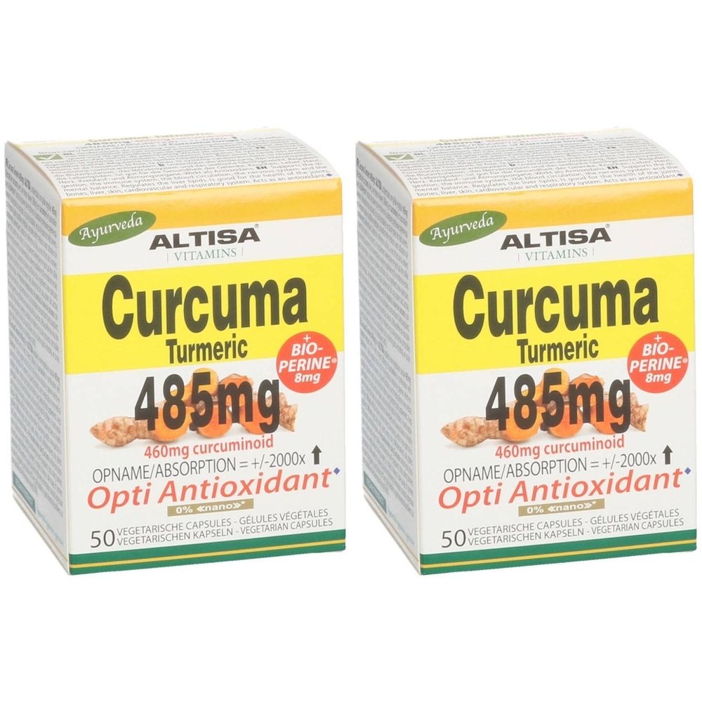 Deux boîtes de "ALTISA Curcuma Turmeric 485mg + BioPerine 8mg". Emballage jaune et blanc avec informations sur le produit.