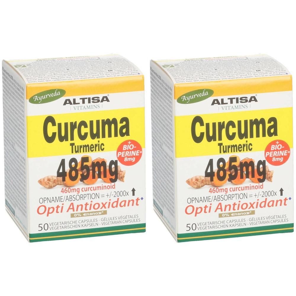 Twee dozen ALTISA Curcuma + Piperine. Gele en witte verpakking met productnaam en informatie. 50 capsules.