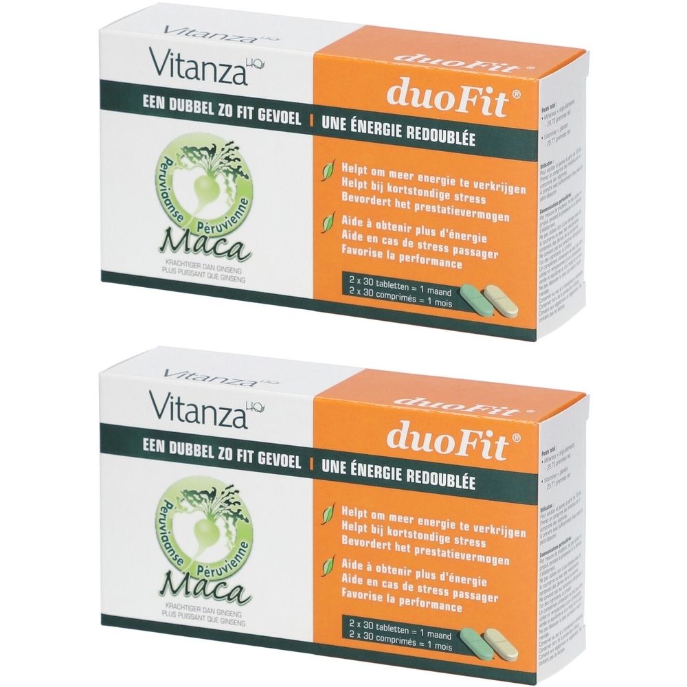 Deux boîtes de Vitanza HQ DuoFit. Emballage blanc et orange. Inscription : Maca. Contient des comprimés. Inscription : DuoFit.