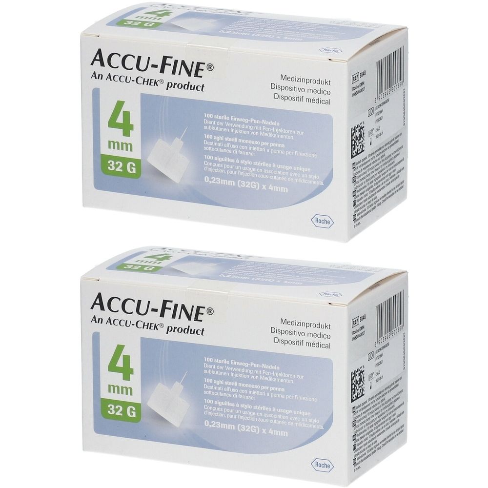 Deux boîtes Accu-Fine. Inscription : 4 mm, 32 G. Nom du produit et autres informations sur l'emballage.