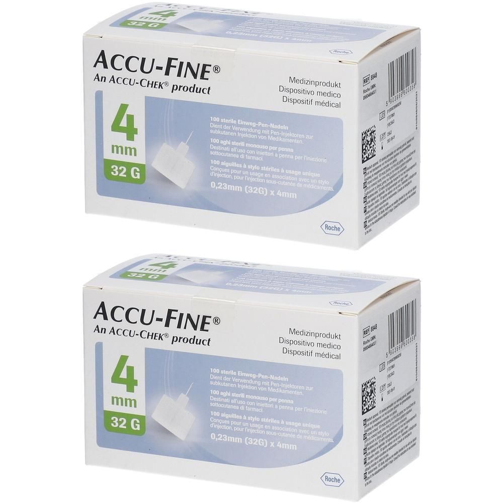 Twee dozen ACCU-FINE® Aiguilles stériles. Opschrift: 4 mm, 32 G. Medisch hulpmiddel. Witte verpakking met blauwe en groene tekst.