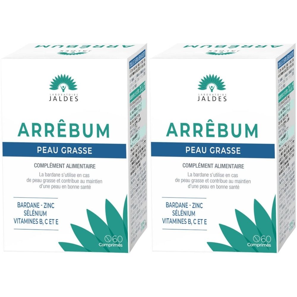 Twee witte dozen met ARRÊBUM PEAU GRASSE. Bevat 60 tabletten. Opschrift: BARDANE - ZINC SÉLÉNIUM VITAMINES B, C ET E.