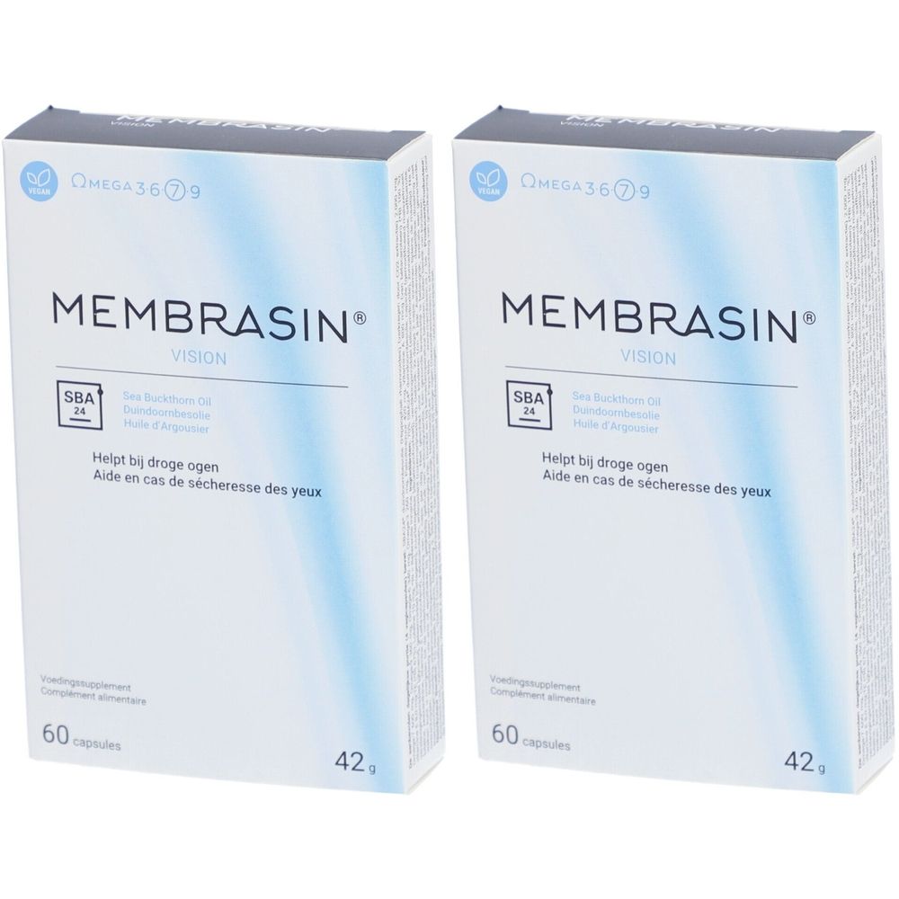 Twee dozen Membrasin Vision. Opschrift: Helpt bij droge ogen. Bevat 60 capsules. SBA-certificering.