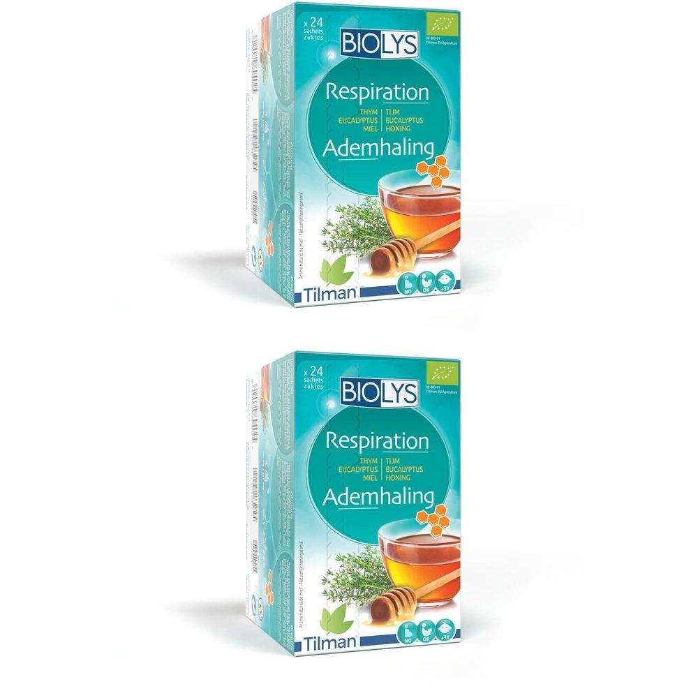 Twee Biolys theeverpakkingen. Opschrift: Respiration, tijm, eucalyptus, honing. Bio-label.