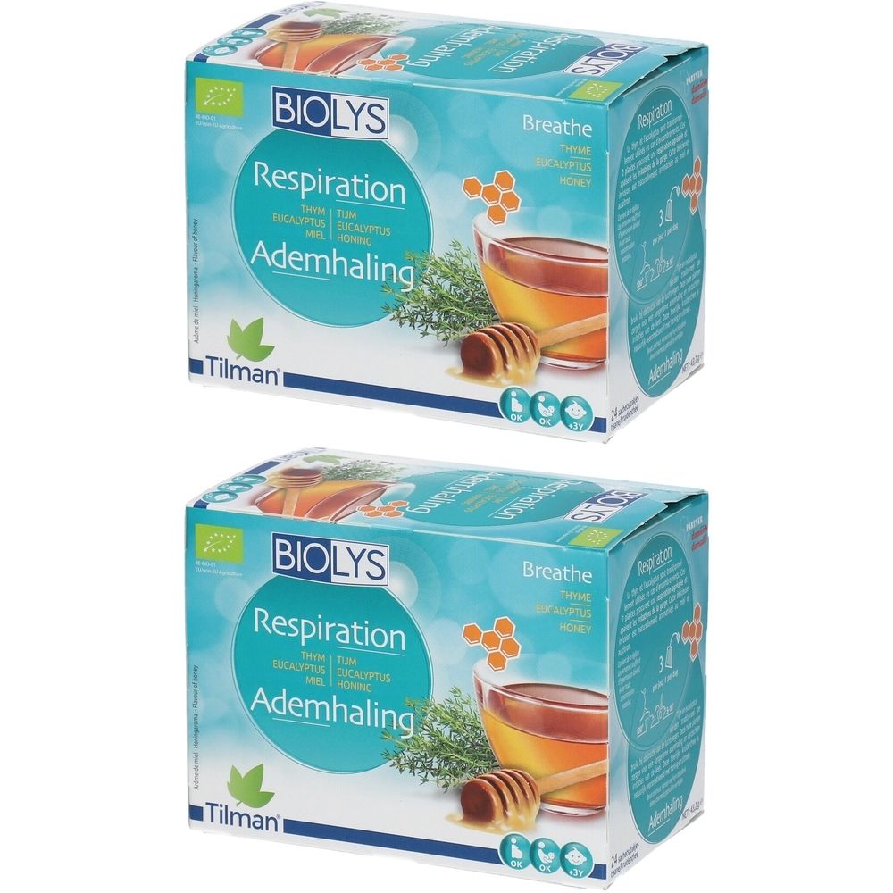 Twee dozen Biolys Thé Respiration. Opschrift: Tijm, Eucalyptus, Honing. Bio-label. Afbeelding: thee met honing.
