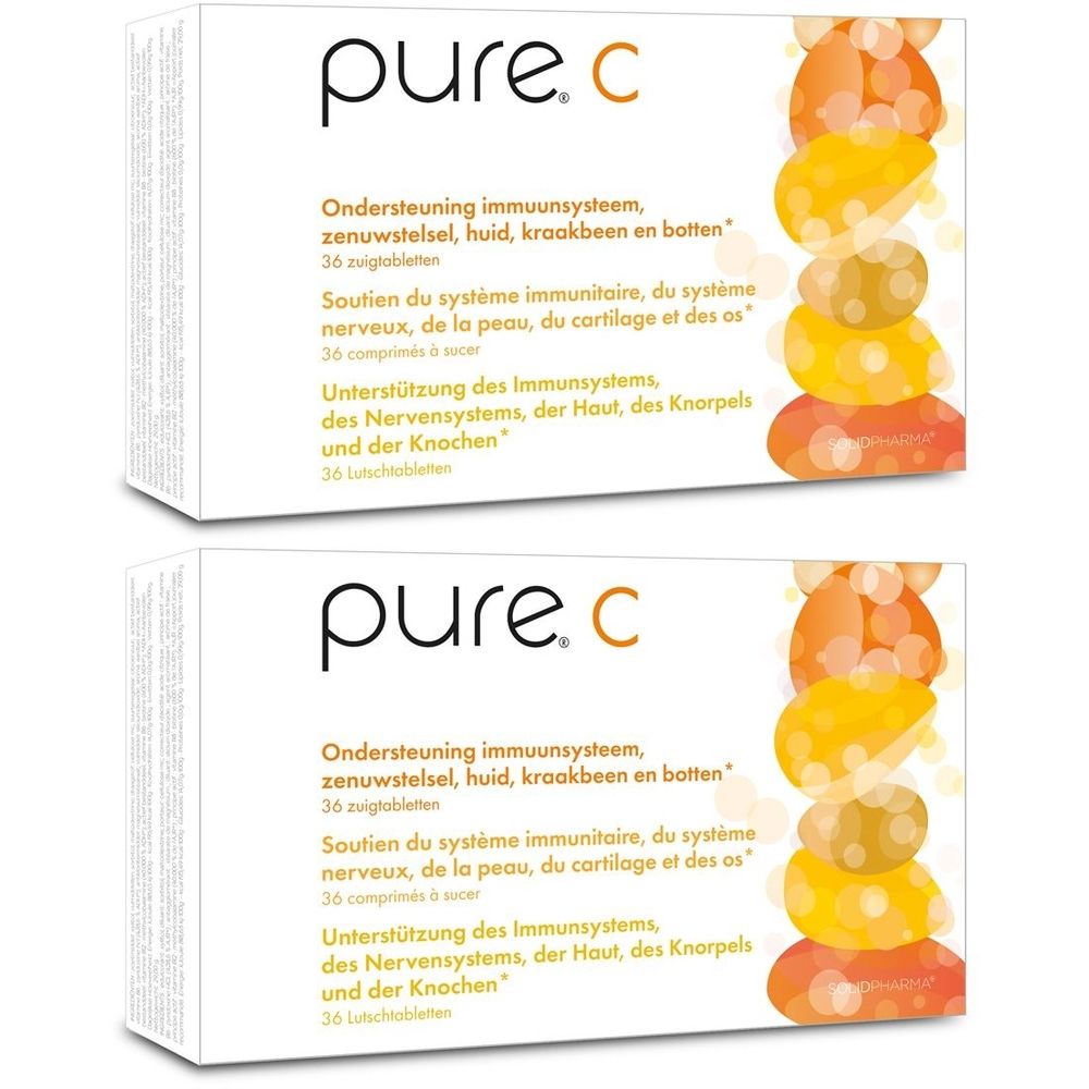 Deux boîtes blanches avec "pure.C". Texte en néerlandais, français et allemand. Illustration de fruits.