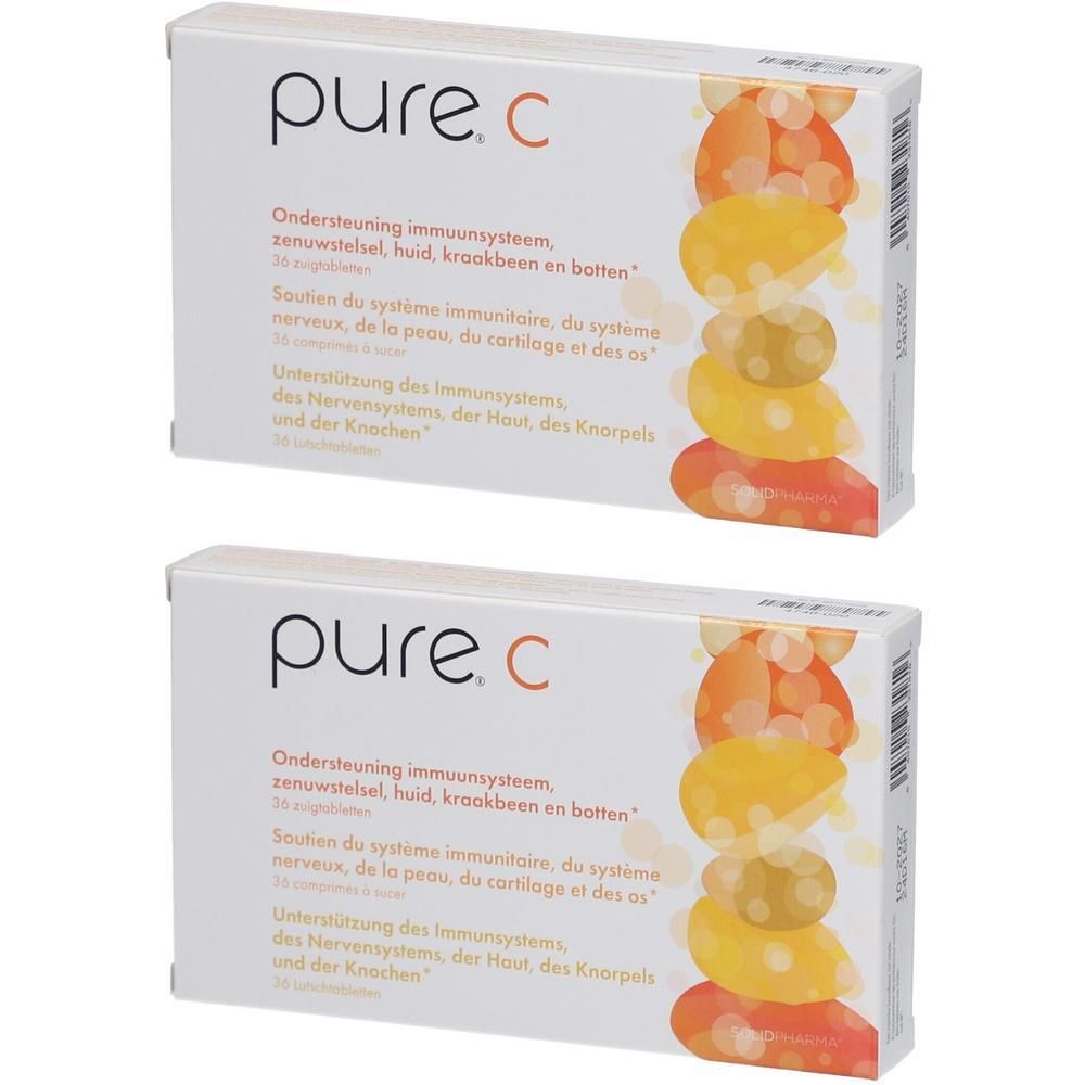 Twee witte dozen met "pure.C" logo. Tekst in het Nederlands, Frans en Duits. Illustratie van sinaasappels.