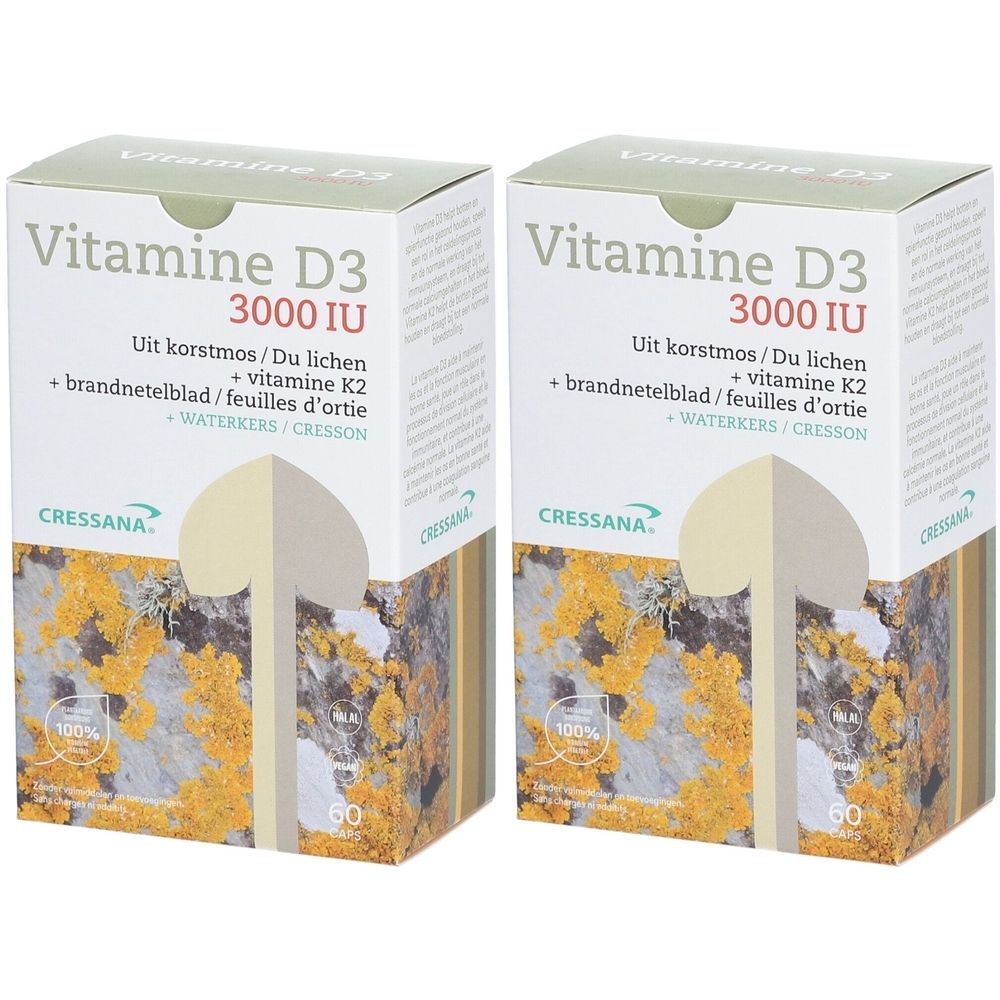 Twee dozen met "Vitamine D3 3000 IU". Merk: Cressana. Bevat vitamine K2 en andere ingrediënten. 60 tabletten.